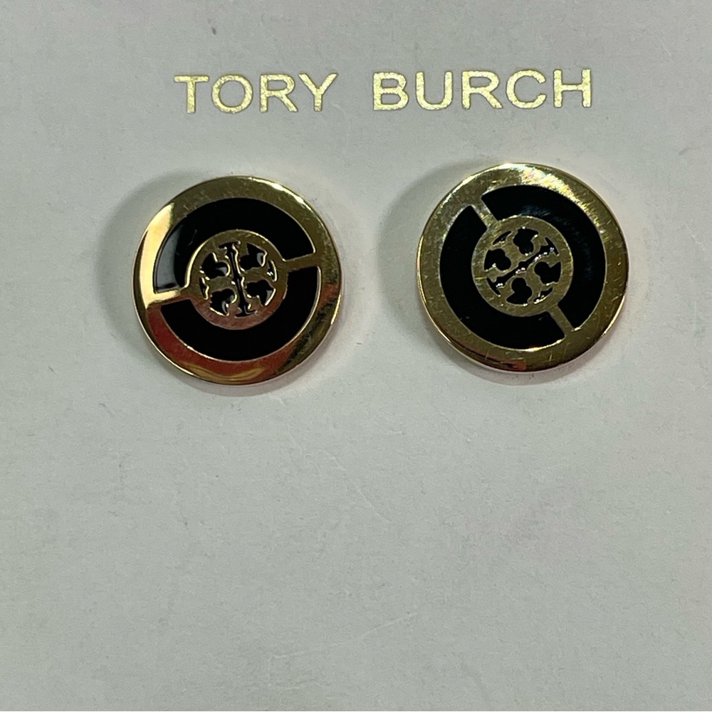 Tory Burch Black & Gold Tone Logo Stud Earrings Butterfly Closure